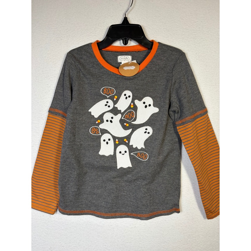 Mud Pie Halloween Shirt Boys 4 Gray NWT Ghost Thermal Striped Layered Sleeve